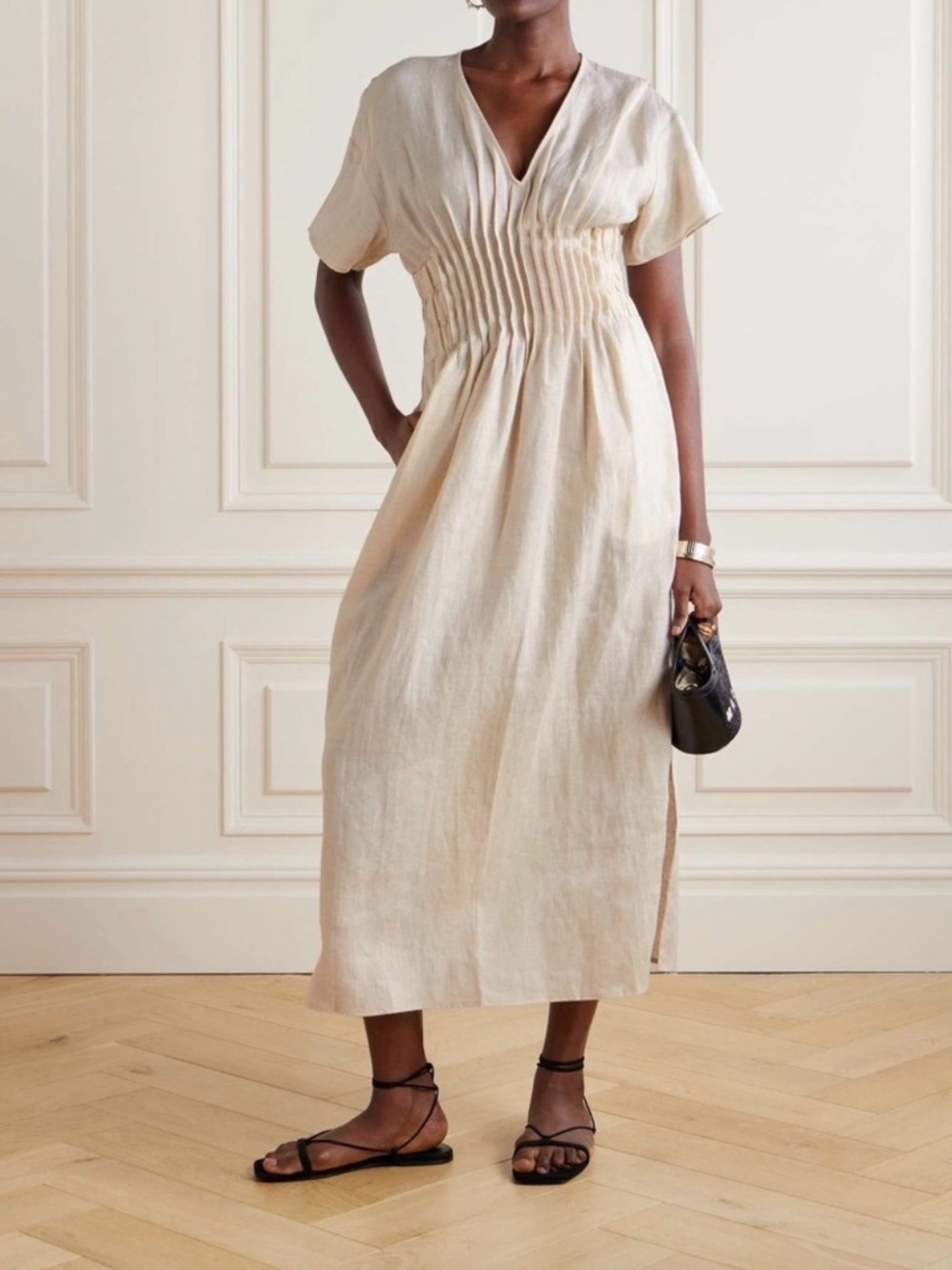 STAUD Lauretta Cream Maxi Dress Pleated XS Linen